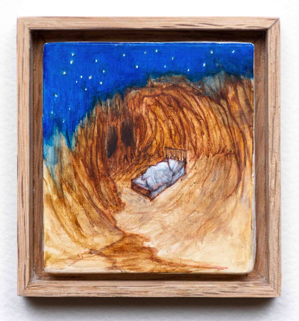 Personnage dans un lit de dos en train de dormir dans une grotte avec une voûte céleste