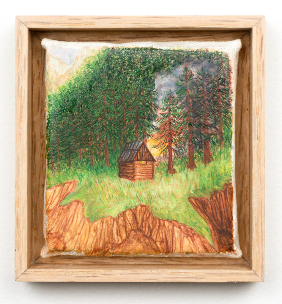 peinture d'une cabane qui prend feu avec en arrière plan la forêt de pin et en premier plan un glissement de terrain